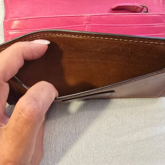 Coach Brown VINTAGE Bleeker Leather Wallet GUC Pink Interior Cream Plaid Fabric - Picture 5 of 16